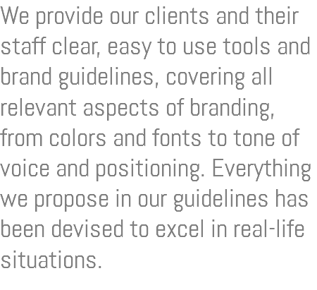 We provide our clients and their staff clear, easy to use tools and brand guidelines, covering all relevant aspects of branding, from colors and fonts to tone of voice and positioning. Everything we propose in our guidelines has been devised to excel in real-life situations.